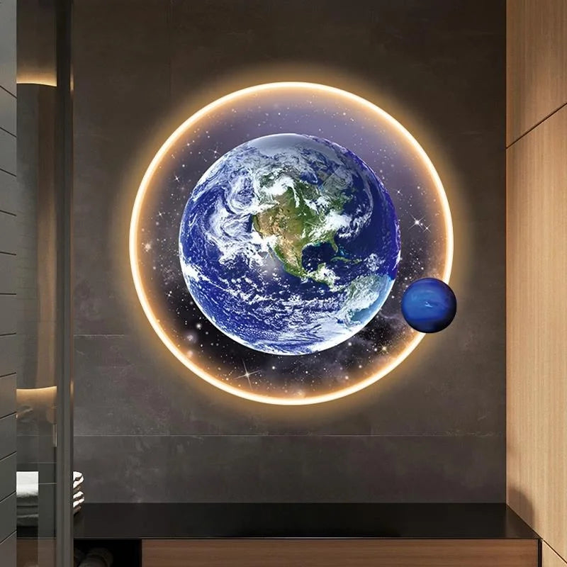 Light Luxury Moon Luminous Entrance Circular Painting Atmosphere Planet with Light Mural Light Bedroom Corridor Decorative Mural