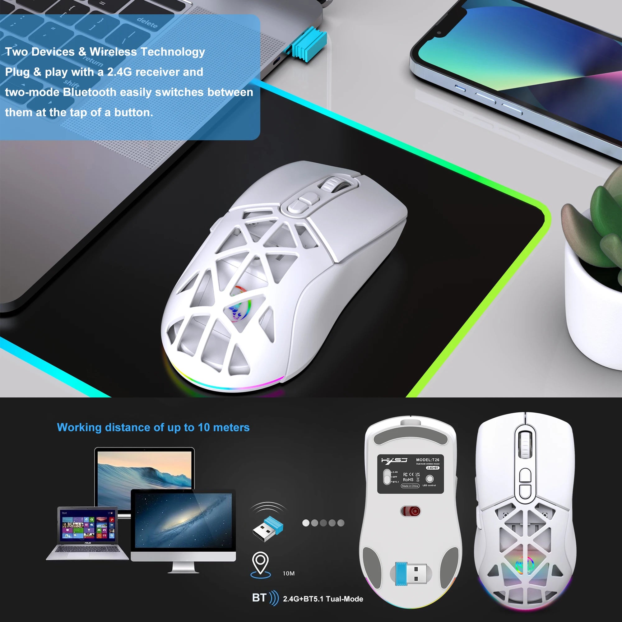 Wireless Gaming Mouse for Laptop, Ergonomic BT Mouse with Tri-Mode USB C Rechargeable Silent Mice for PC Computer Desktop