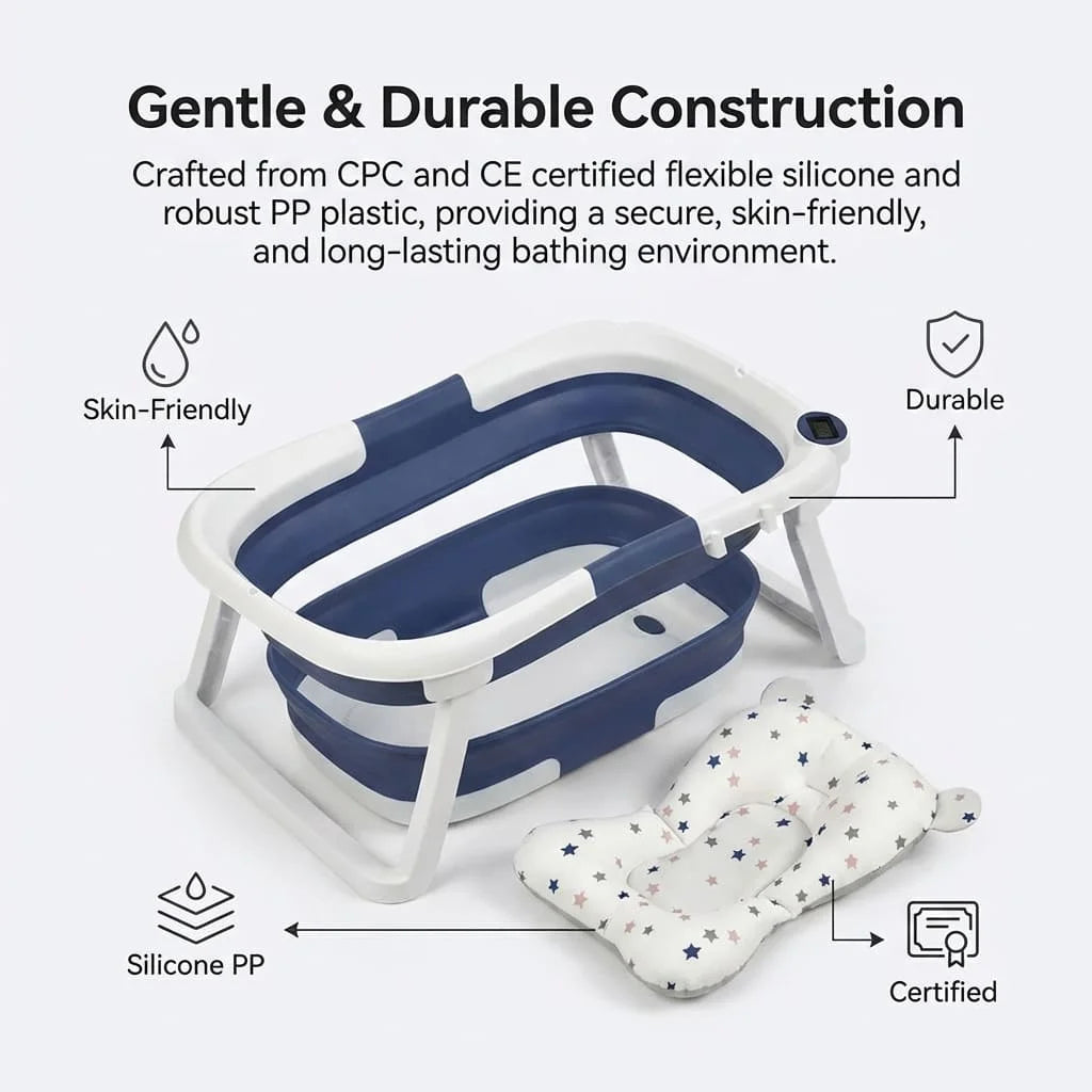 Folding Baby Bathtub, 60.5x43x20.5cm, Portable Kids Bath Tub, Temperature Sensing, Collapsible Infant Bath for 0-7 Years