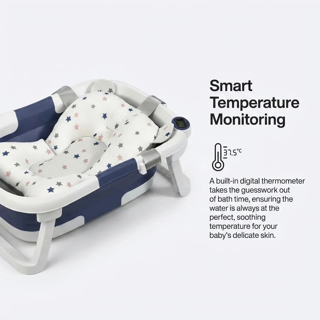 Folding Baby Bathtub, 60.5x43x20.5cm, Portable Kids Bath Tub, Temperature Sensing, Collapsible Infant Bath for 0-7 Years