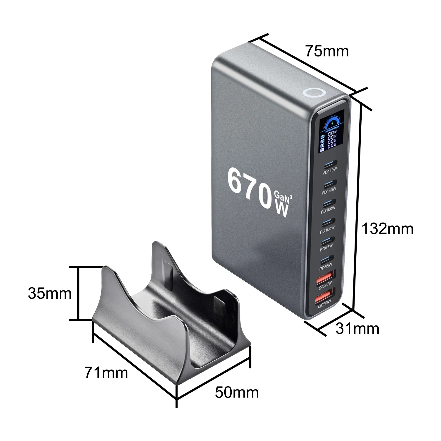 670W GaN Fast Charging Desktop Charger with Display 140W USB-C Port 8-Port Multi-Device Charging Station for Phones And Tablets