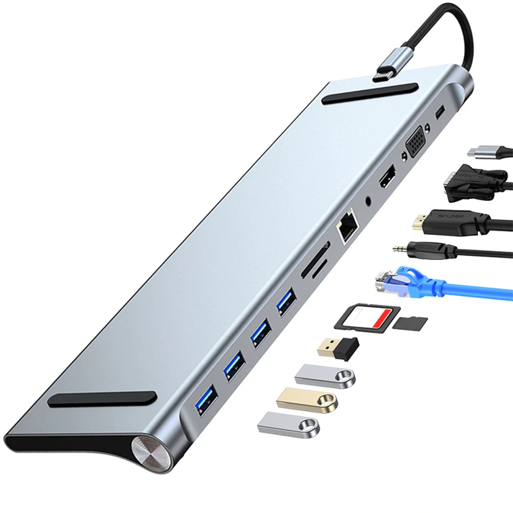 11 in 1 USB C Docking Station with 4K HDMI-Compatible VGA Ethernet 100W PD SD/TF Type C Dock 1* USB 3.0 3*USB2.0 Hub for MacBook