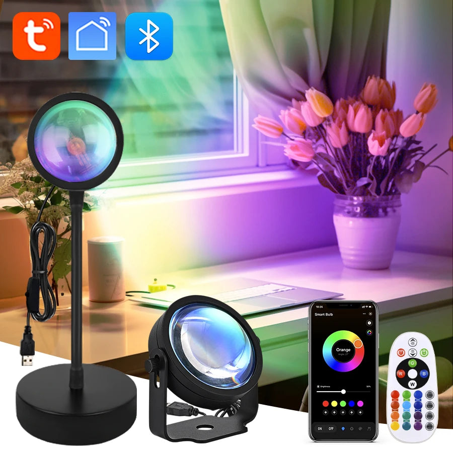 Smart Sunset Lamp Tuya USB Sunset Projector Light RGB Smart Life APP Remote For Room Photography Background Decor Lighting