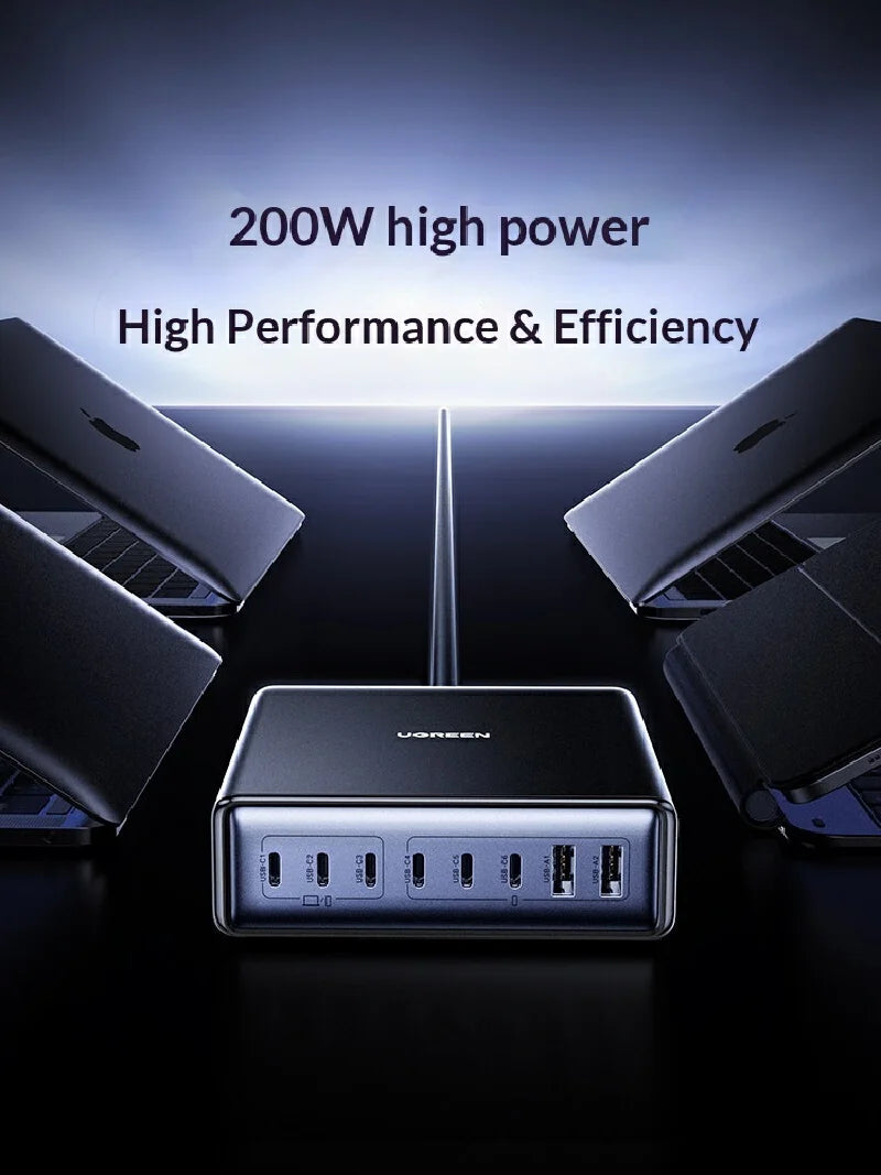 UGREEN 200W GaN Charger 8 in 1 Desktop Laptop Fast Charging Stand For Phone Tablets Smart Watch Desktop Charging Station