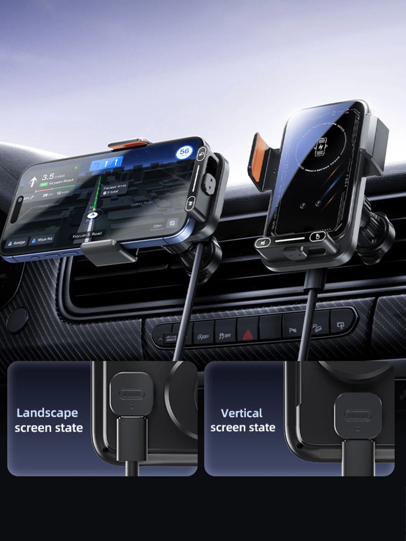 Car-mounted wireless charging stand for mobile phones,electrically rotating and magnetic suction type