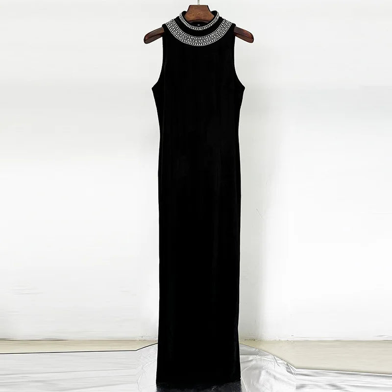New Fashion Heavy Beaded Dress for Women Streetwear Trend Elegant Slimming Sexy Backless Velvet Dresses Clothing