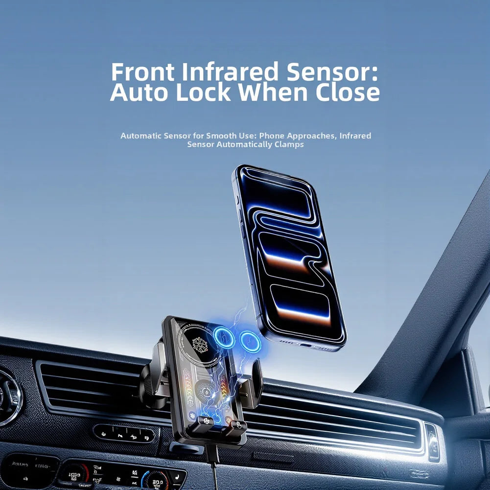 15W Fast Charging Wireless Car Mount Featuring Aluminum Alloy Construction and Magnetic Infrared Sensing Technology