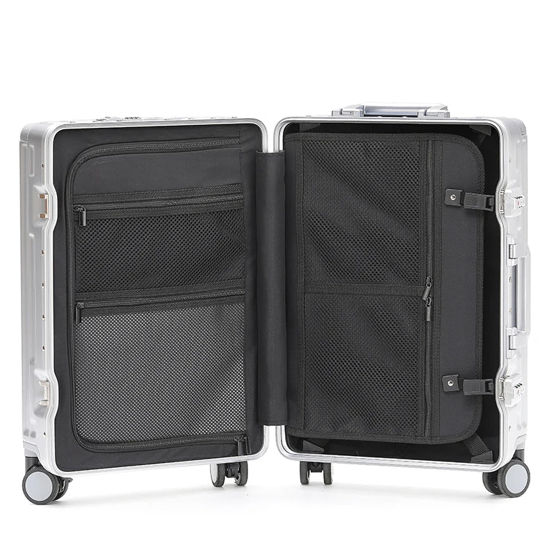 1-Piece Set 20inch Function Computer Aluminum Frame Trolley Suitcase Carry-On Luggage with Shock-Absorbing Brake, Silent Universal Wheels, Cup Holder Function, Phone Holder Function, USB Charging Function, Suitable for Busine