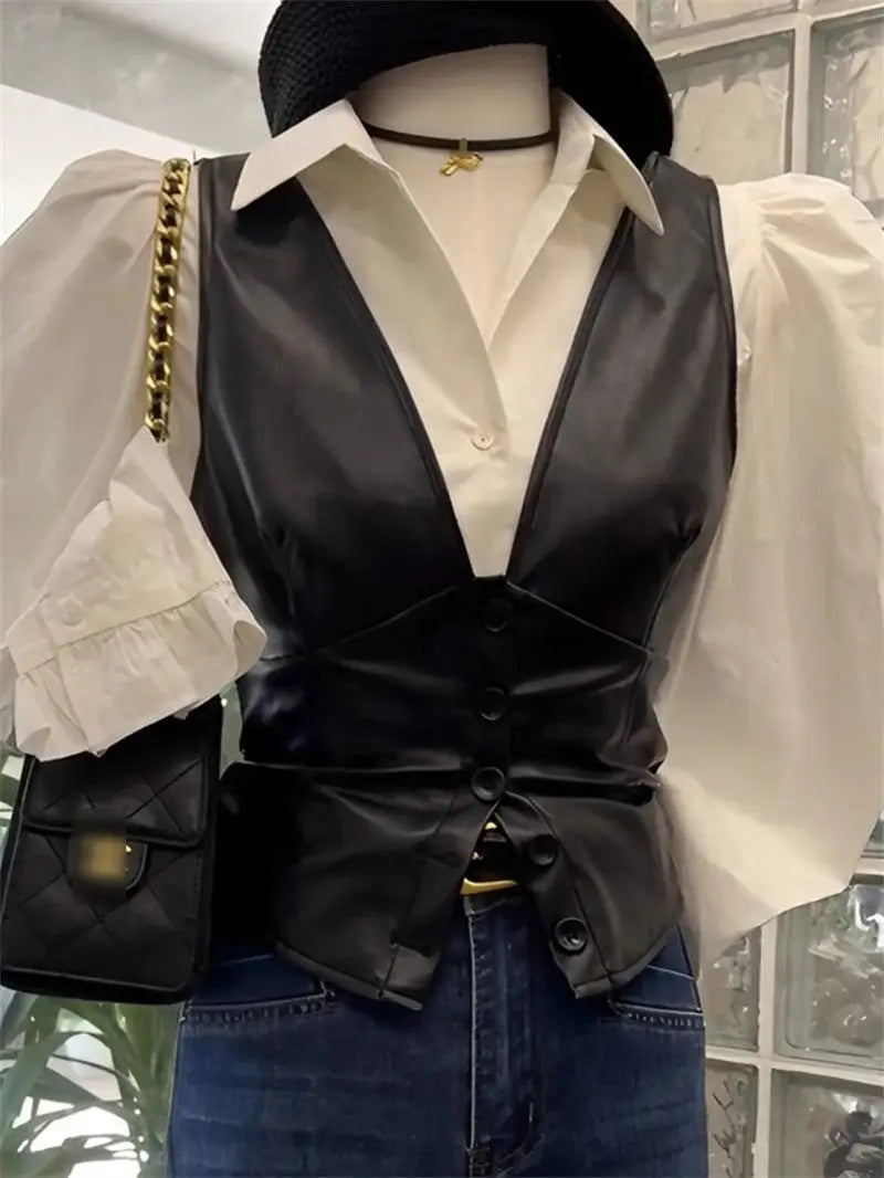 Fashion White Shirt Leather Jacket Vest Jacket Two-piece Set Women&