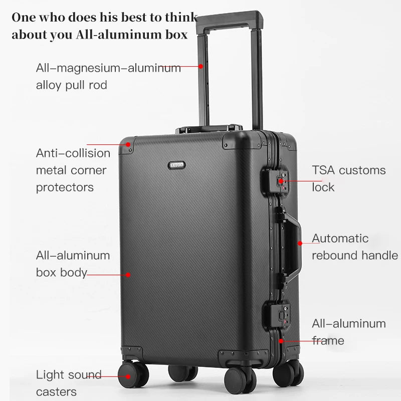 Carry-On Luggage - Premium Aluminum-Magnesium Alloy Trolley Suitcase, New Design, Carbon Fiber Reinforced, TSA-Approved Lock