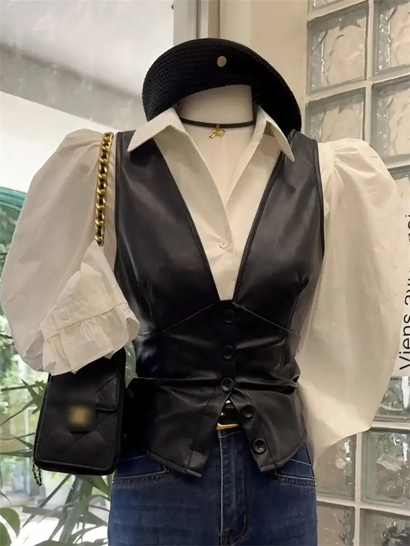 Fashion White Shirt Leather Jacket Vest Jacket Two-piece Set Women&