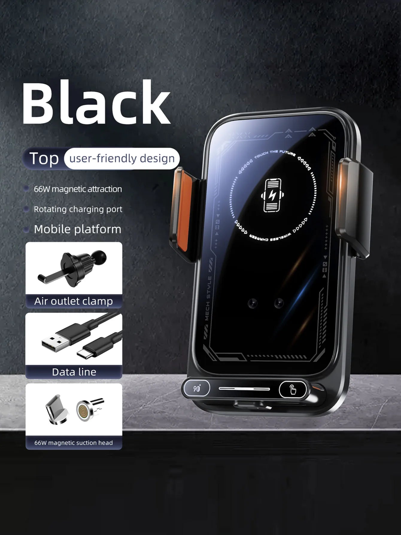 Car-mounted wireless charging stand for mobile phones,electrically rotating and magnetic suction type