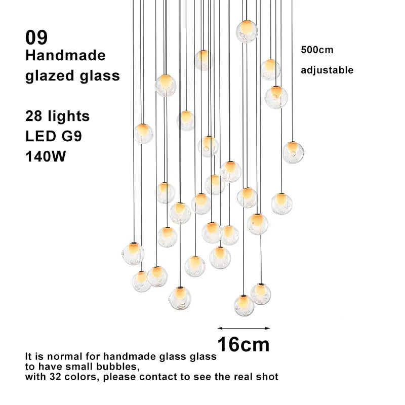 Modern LED home interior lighting ceiling chandelier, coloured glass lustre, dimmable, suitable for living room and staircase