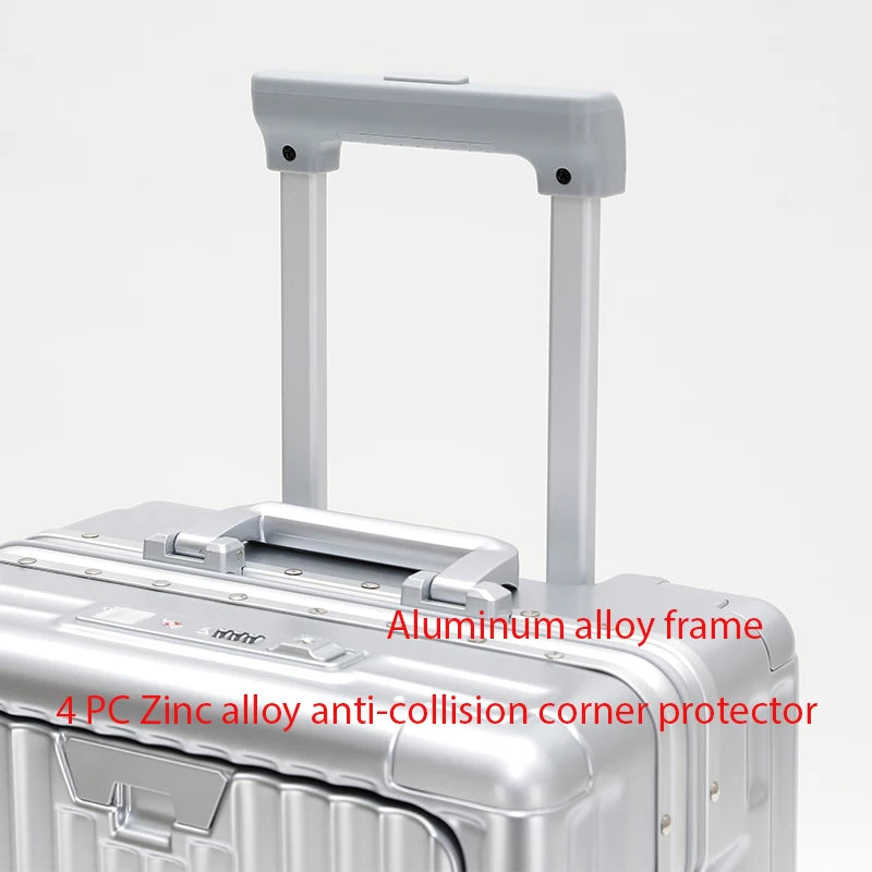 1-Piece Set 20inch Function Computer Aluminum Frame Trolley Suitcase Carry-On Luggage with Shock-Absorbing Brake, Silent Universal Wheels, Cup Holder Function, Phone Holder Function, USB Charging Function, Suitable for Busine