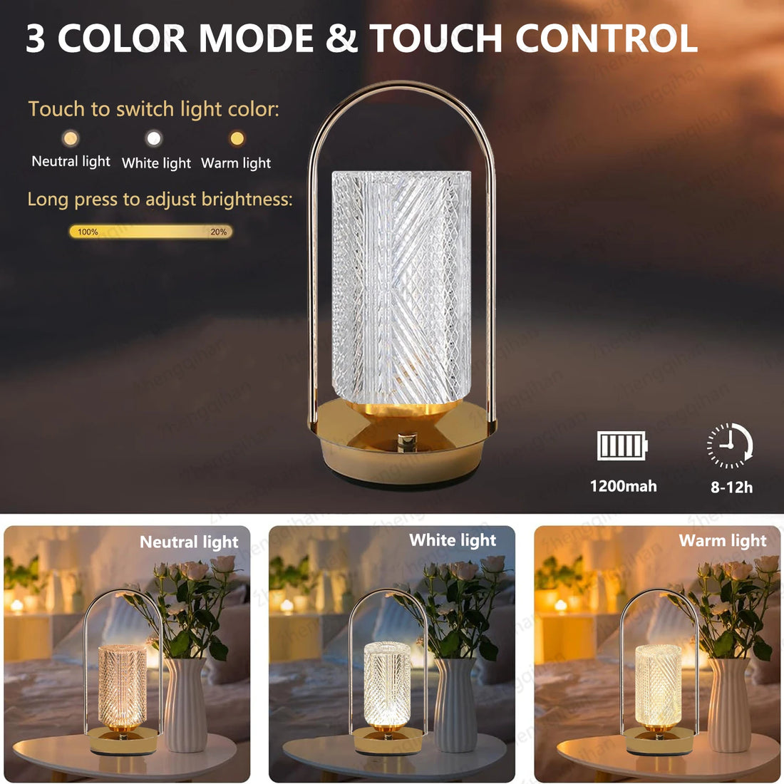LED Crystal Table Lamp USB Touch 3-Color Stepless Dimming Rechargeable Bedside Light For Bedroom Restaurant Bar Decor Desk Lamp