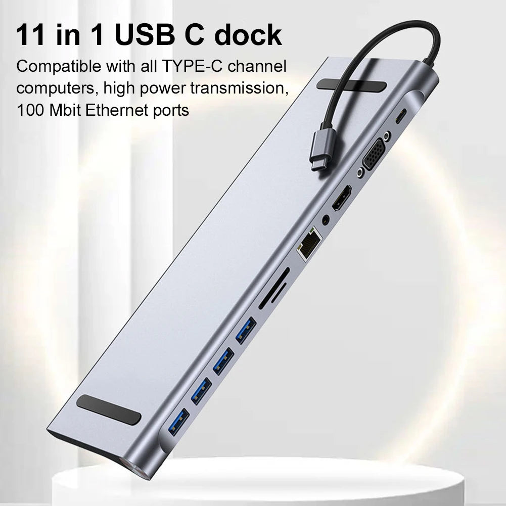 11 in 1 USB C Docking Station with 4K HDMI-Compatible VGA Ethernet 100W PD SD/TF Type C Dock 1* USB 3.0 3*USB2.0 Hub for MacBook