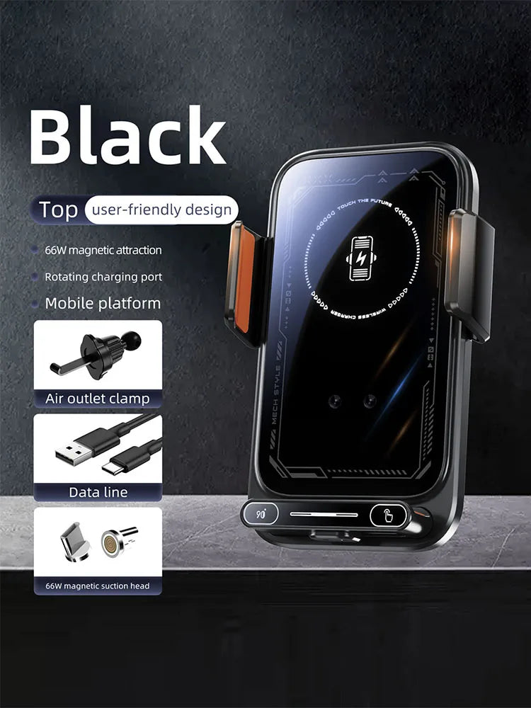 Car-mounted wireless charging stand for mobile phones,electrically rotating and magnetic suction type