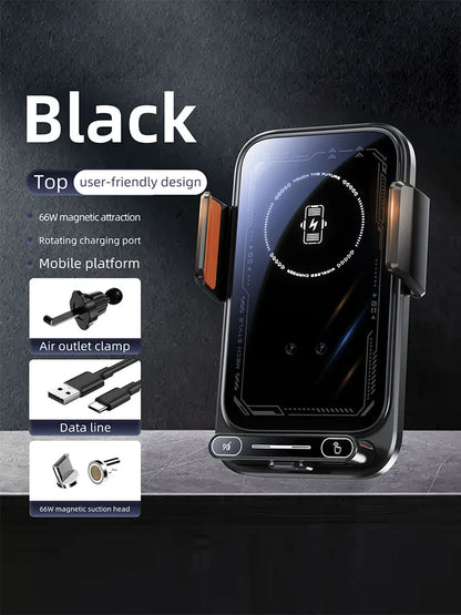 Car-mounted wireless charging stand for mobile phones,electrically rotating and magnetic suction type