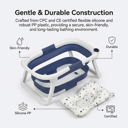 Folding Baby Bathtub, 60.5x43x20.5cm, Portable Kids Bath Tub, Temperature Sensing, Collapsible Infant Bath for 0-7 Years