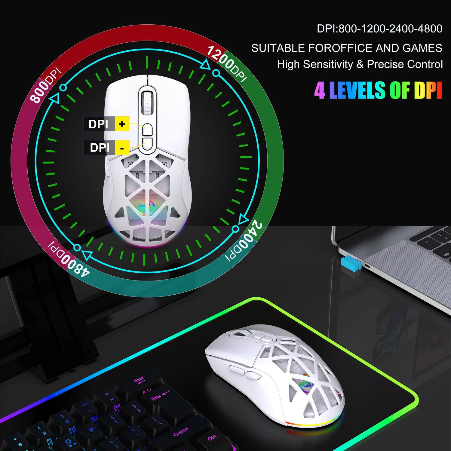 Wireless Gaming Mouse for Laptop, Ergonomic BT Mouse with Tri-Mode USB C Rechargeable Silent Mice for PC Computer Desktop