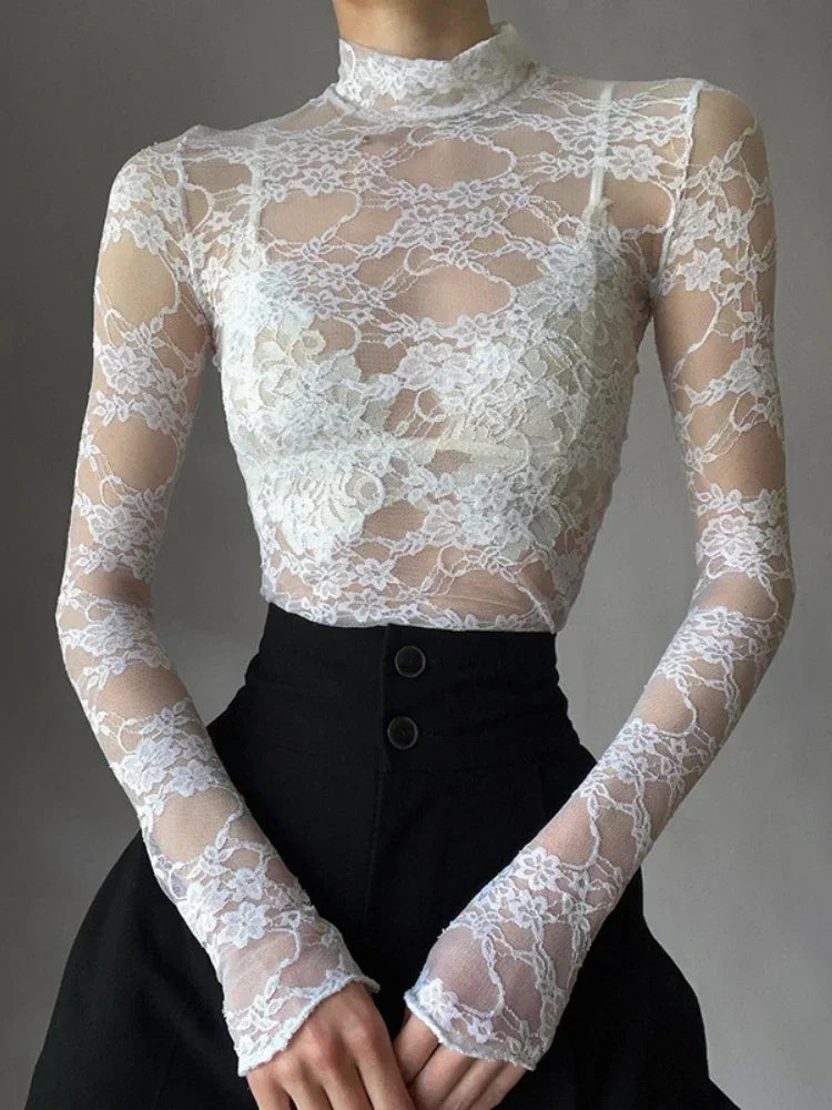 Fashion Sexy Aesthetic Women Clothing Solid Lace High Street Y2k Top Casual Long Sleeve Shirts For Women Turtleneck Streetwear