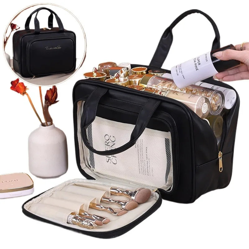 Large Capacity Makeup Bag for Women – Portable Cosmetic Organizer with Brush Holder &amp; Carry Handle, Travel-Friendly Makeup Case