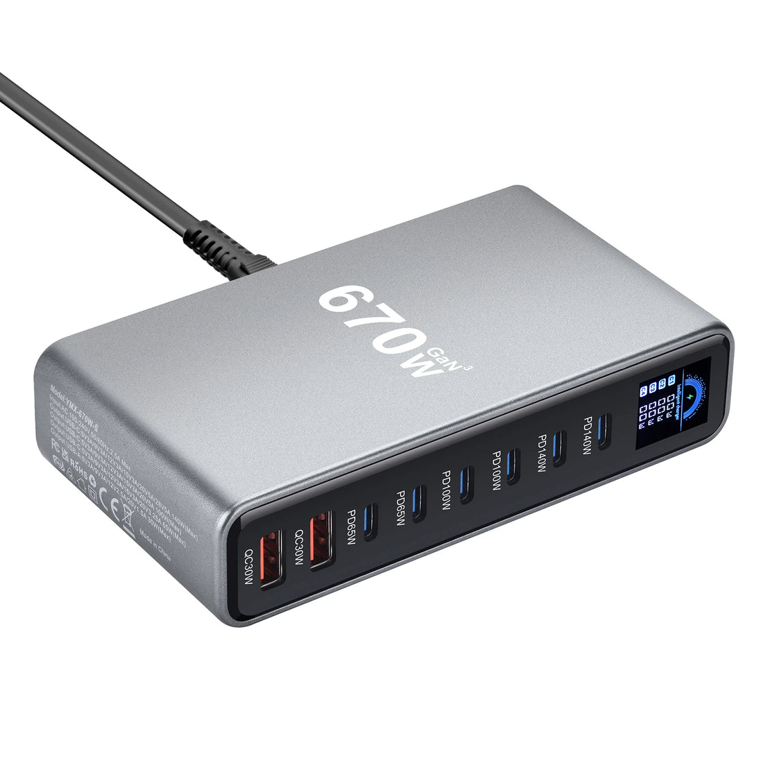 670W GaN Fast Charging Desktop Charger with Display 140W USB-C Port 8-Port Multi-Device Charging Station for Phones And Tablets
