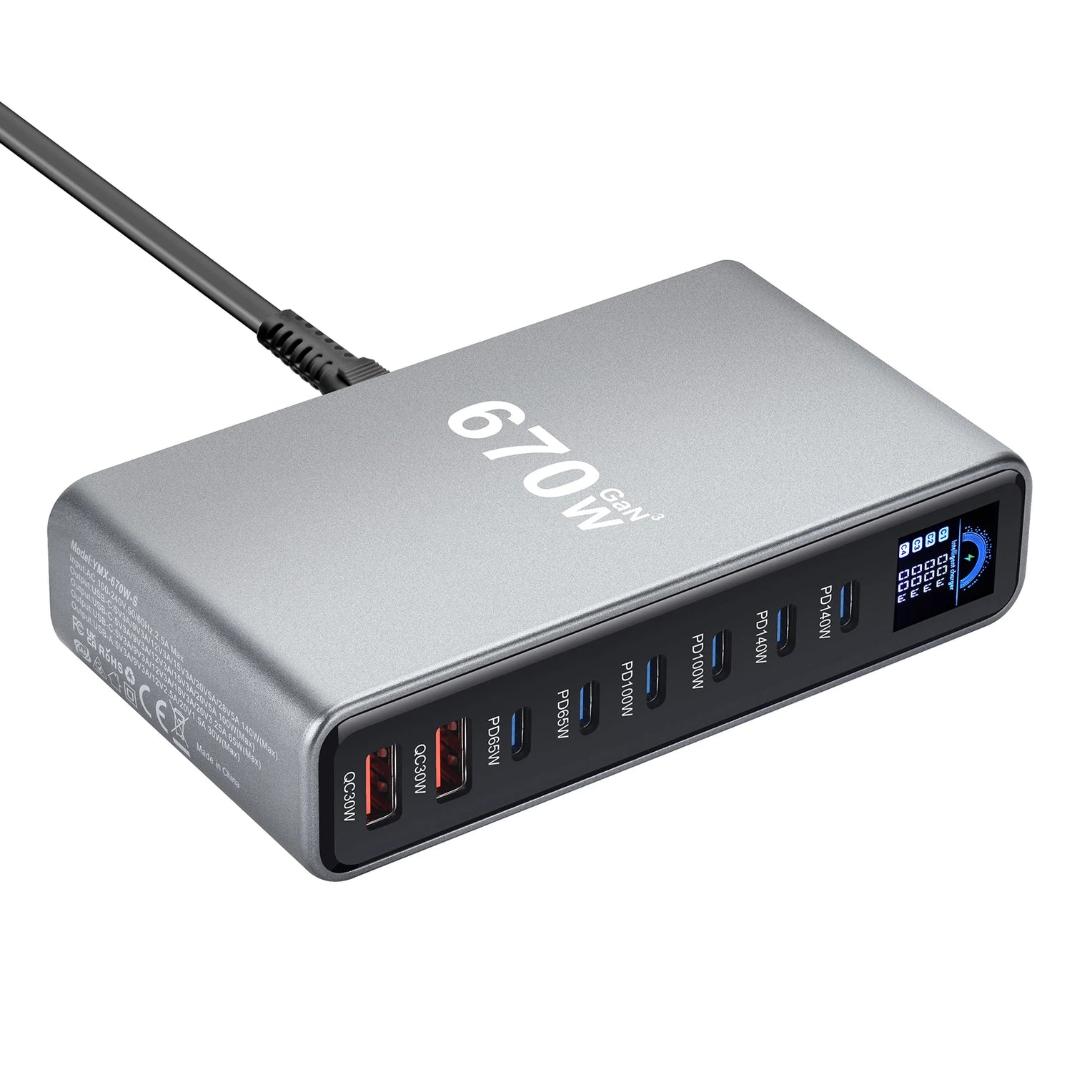 670W GaN Fast Charging Desktop Charger with Display 140W USB-C Port 8-Port Multi-Device Charging Station for Phones And Tablets