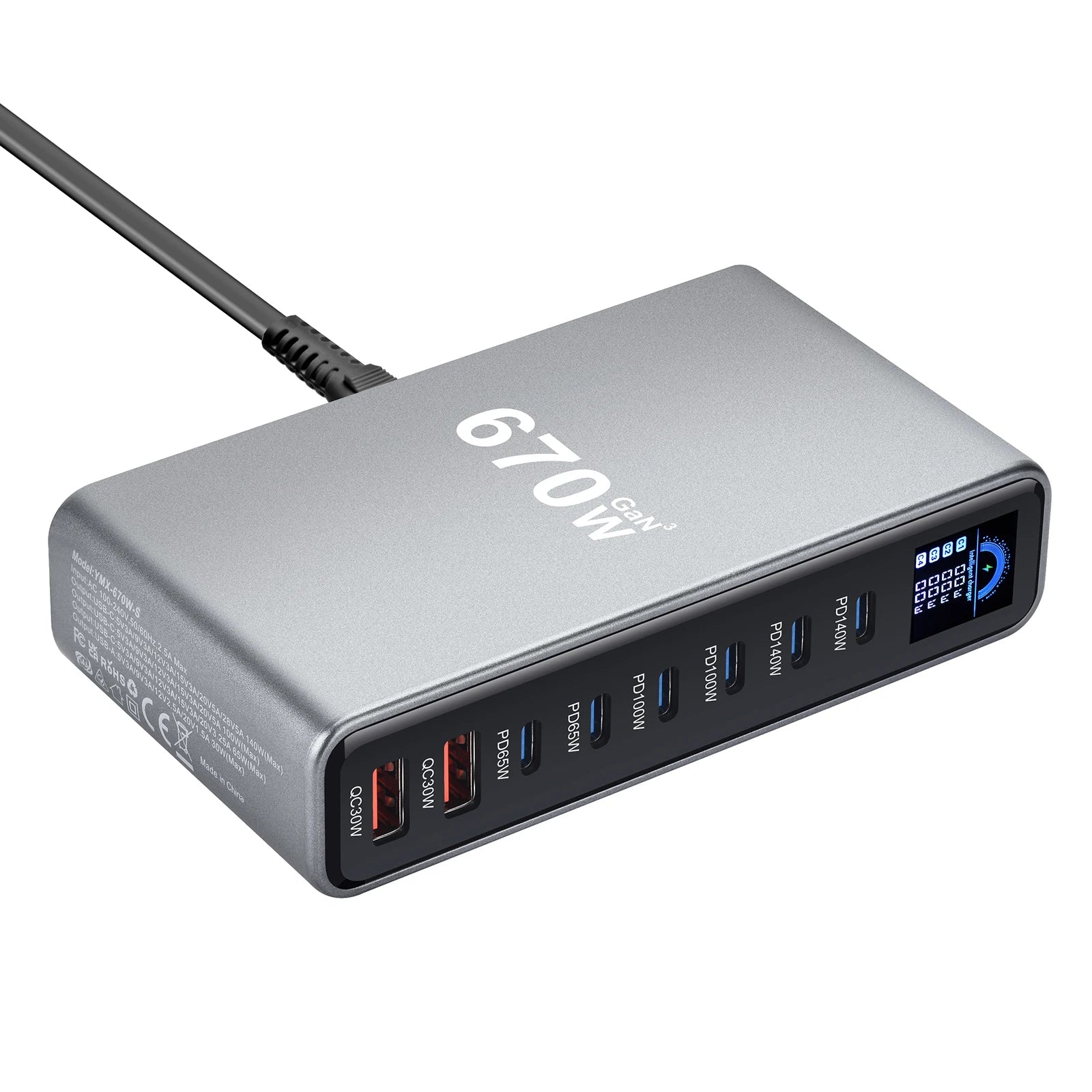 670W GaN Fast Charging Desktop Charger with Display 140W USB-C Port 8-Port Multi-Device Charging Station for Phones And Tablets