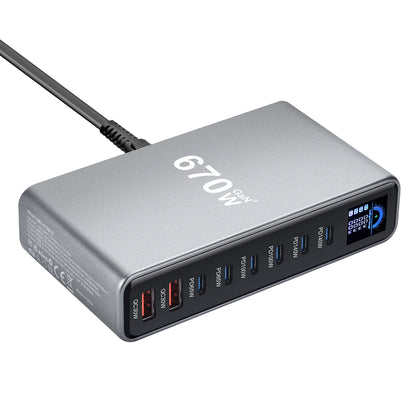 670W GaN Fast Charging Desktop Charger with Display 140W USB-C Port 8-Port Multi-Device Charging Station for Phones And Tablets