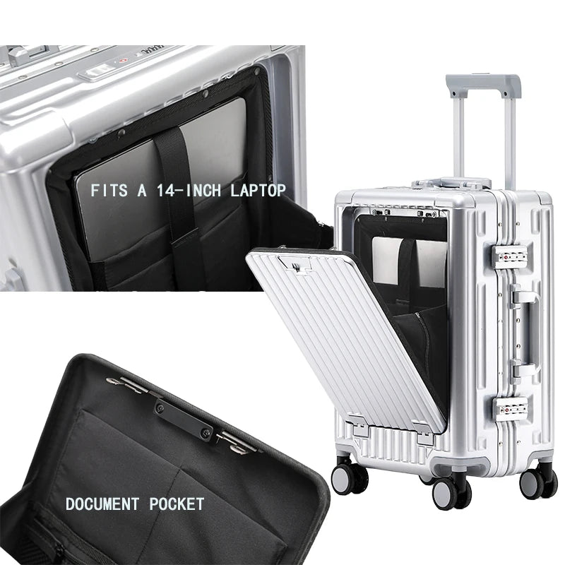 1-Piece Set 20inch Function Computer Aluminum Frame Trolley Suitcase Carry-On Luggage with Shock-Absorbing Brake, Silent Universal Wheels, Cup Holder Function, Phone Holder Function, USB Charging Function, Suitable for Busine