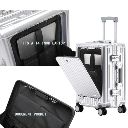 1-Piece Set 20inch Function Computer Aluminum Frame Trolley Suitcase Carry-On Luggage with Shock-Absorbing Brake, Silent Universal Wheels, Cup Holder Function, Phone Holder Function, USB Charging Function, Suitable for Busine