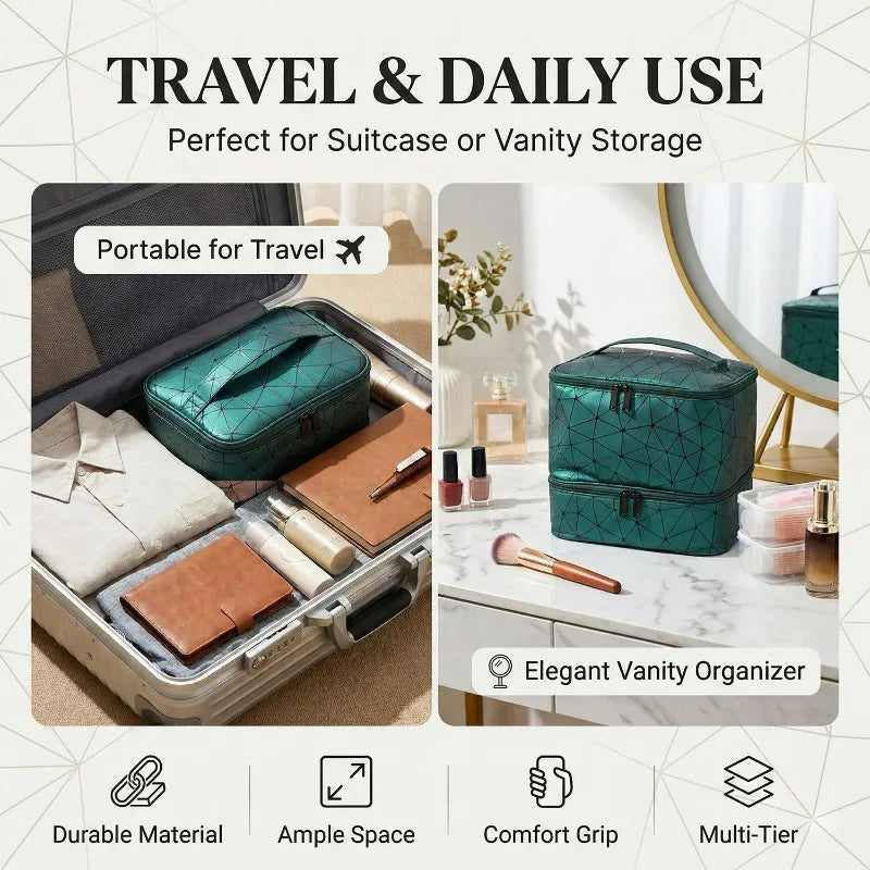 Travel Makeup Organizer Double Layer Cosmetic Bag PU Leather Waterproof Large Capacity Toiletry Storage Case Portable Beauty Bag