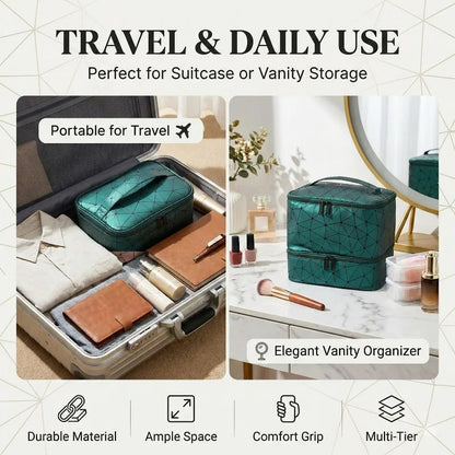 Travel Makeup Organizer Double Layer Cosmetic Bag PU Leather Waterproof Large Capacity Toiletry Storage Case Portable Beauty Bag