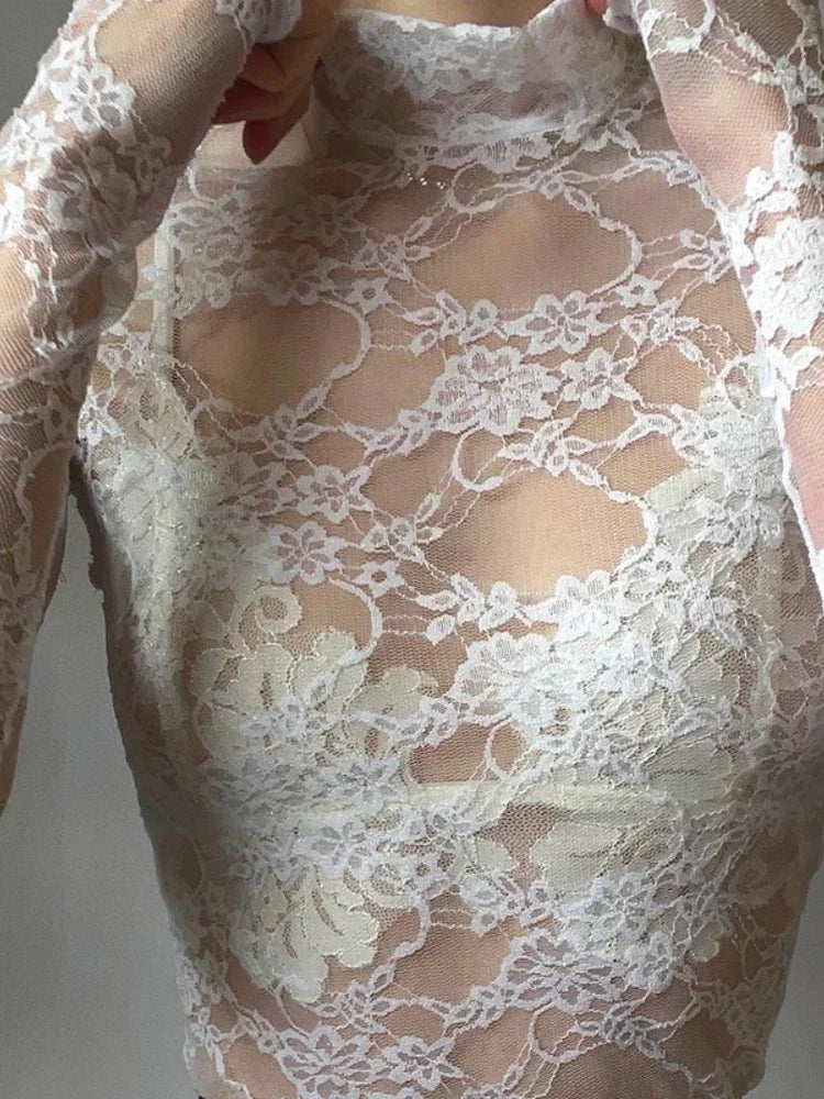 Fashion Sexy Aesthetic Women Clothing Solid Lace High Street Y2k Top Casual Long Sleeve Shirts For Women Turtleneck Streetwear