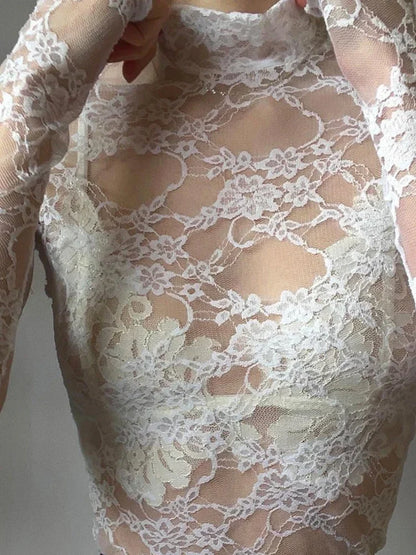 Fashion Sexy Aesthetic Women Clothing Solid Lace High Street Y2k Top Casual Long Sleeve Shirts For Women Turtleneck Streetwear