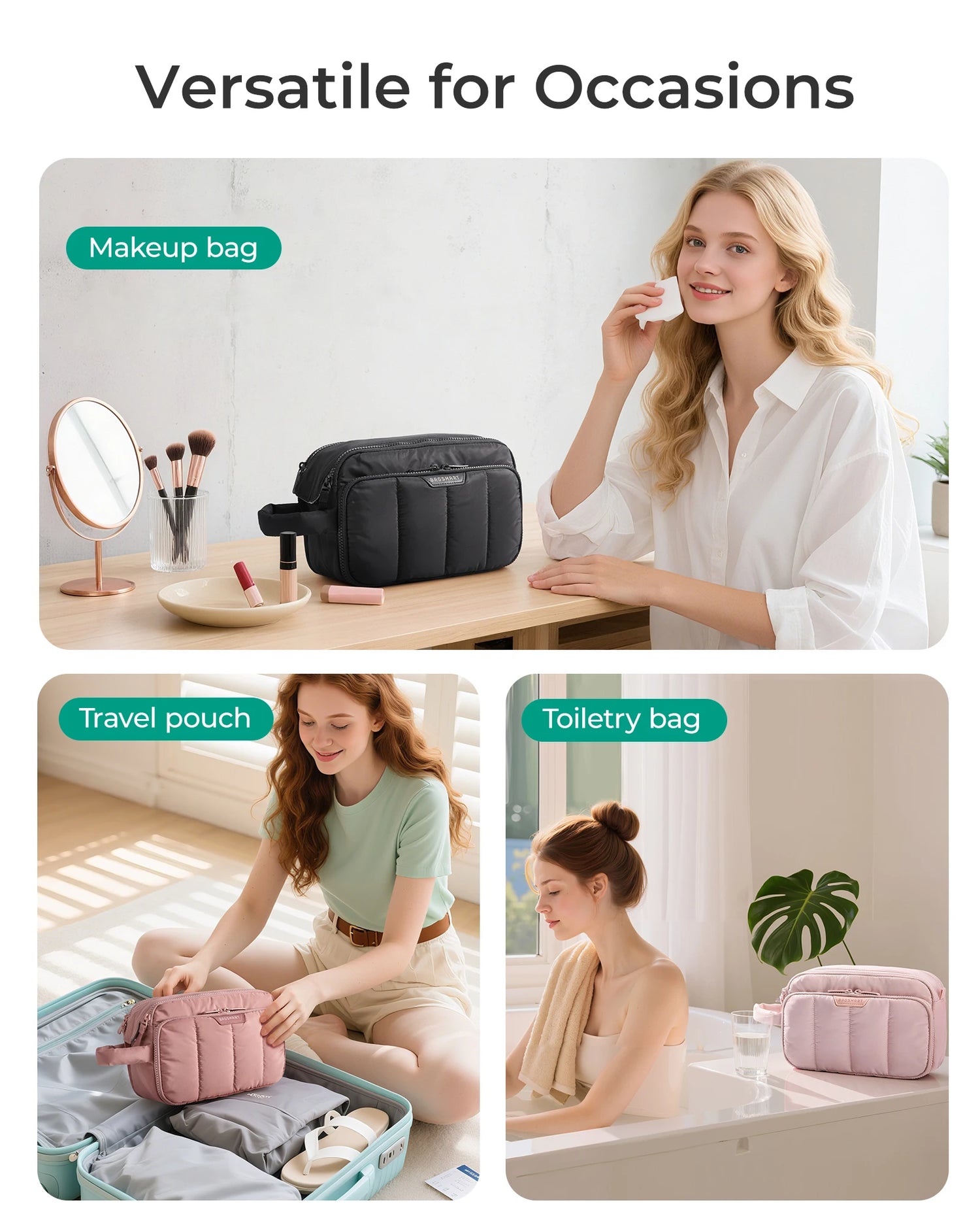 BAGSMART Travel Makeup Bag Cosmetic Organizer Case for Travel Essentials Toiletries Accessories Bottles Brushes