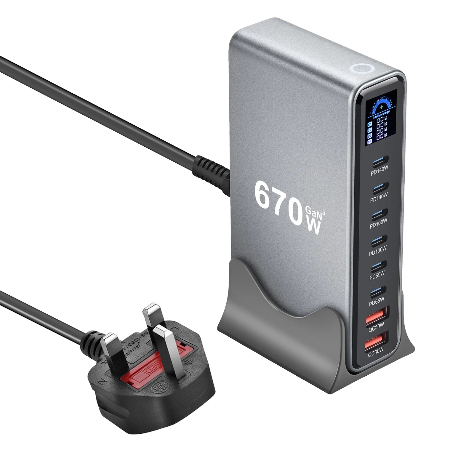 670W GaN Fast Charging Desktop Charger with Display 140W USB-C Port 8-Port Multi-Device Charging Station for Phones And Tablets
