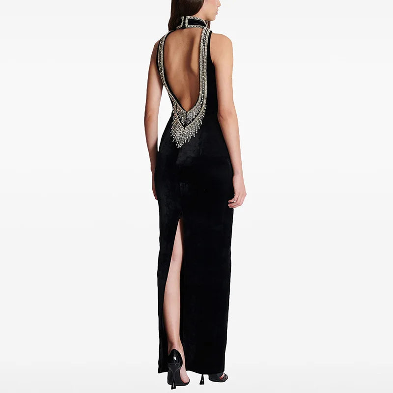 New Fashion Heavy Beaded Dress for Women Streetwear Trend Elegant Slimming Sexy Backless Velvet Dresses Clothing