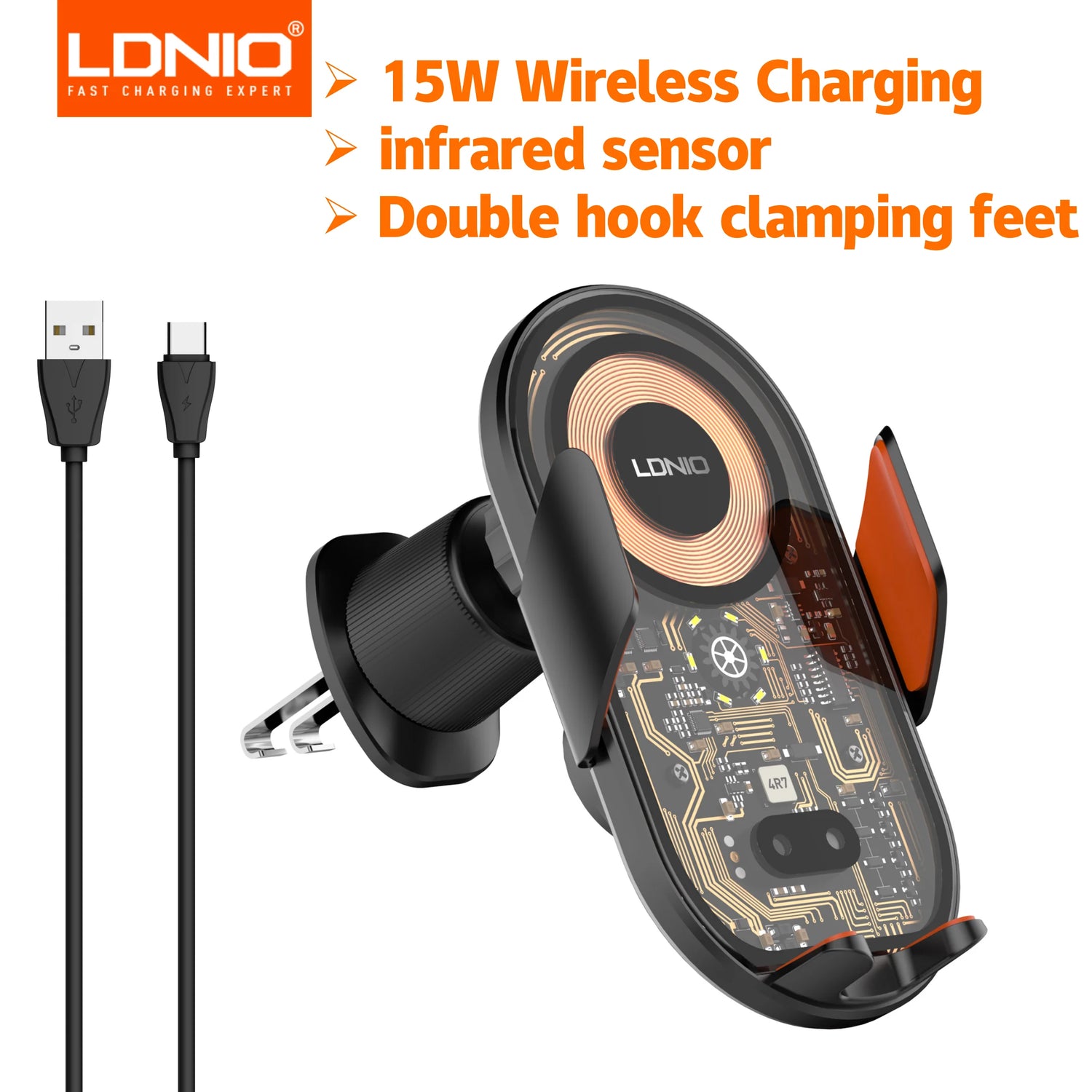 15W Wireless Charging Car Mount Phone Holder Mount Hands-Free Universal Cell Phone Mounts for Dashboard/Windshield 360° Rotation