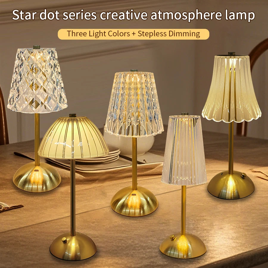Crystal Retro Table Lamp Rechargeable Touch Switch Sensor Desk Light 3 Color Dimmable For Bedroom Hotel Restaurant Decor Lightin