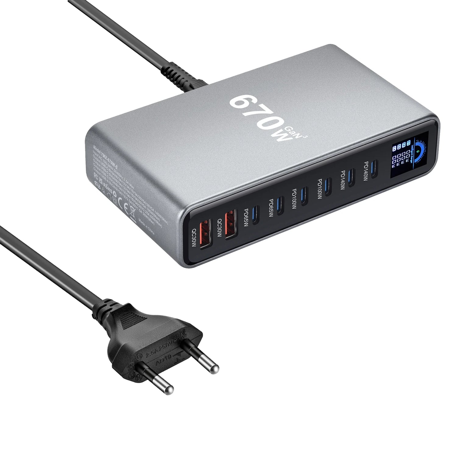 670W GaN Fast Charging Desktop Charger with Display 140W USB-C Port 8-Port Multi-Device Charging Station for Phones And Tablets
