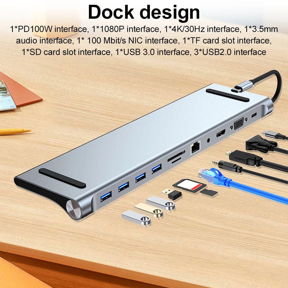 11 in 1 USB C Docking Station with 4K HDMI-Compatible VGA Ethernet 100W PD SD/TF Type C Dock 1* USB 3.0 3*USB2.0 Hub for MacBook