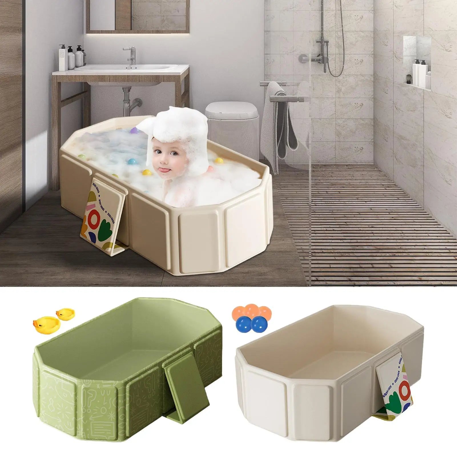 Baby Large Foldable Bathtub  Baby Shower Tub Includes 2 Ducks 5 Balls Shower Basin Bathroom Pool for Kids 0-8 Years Old