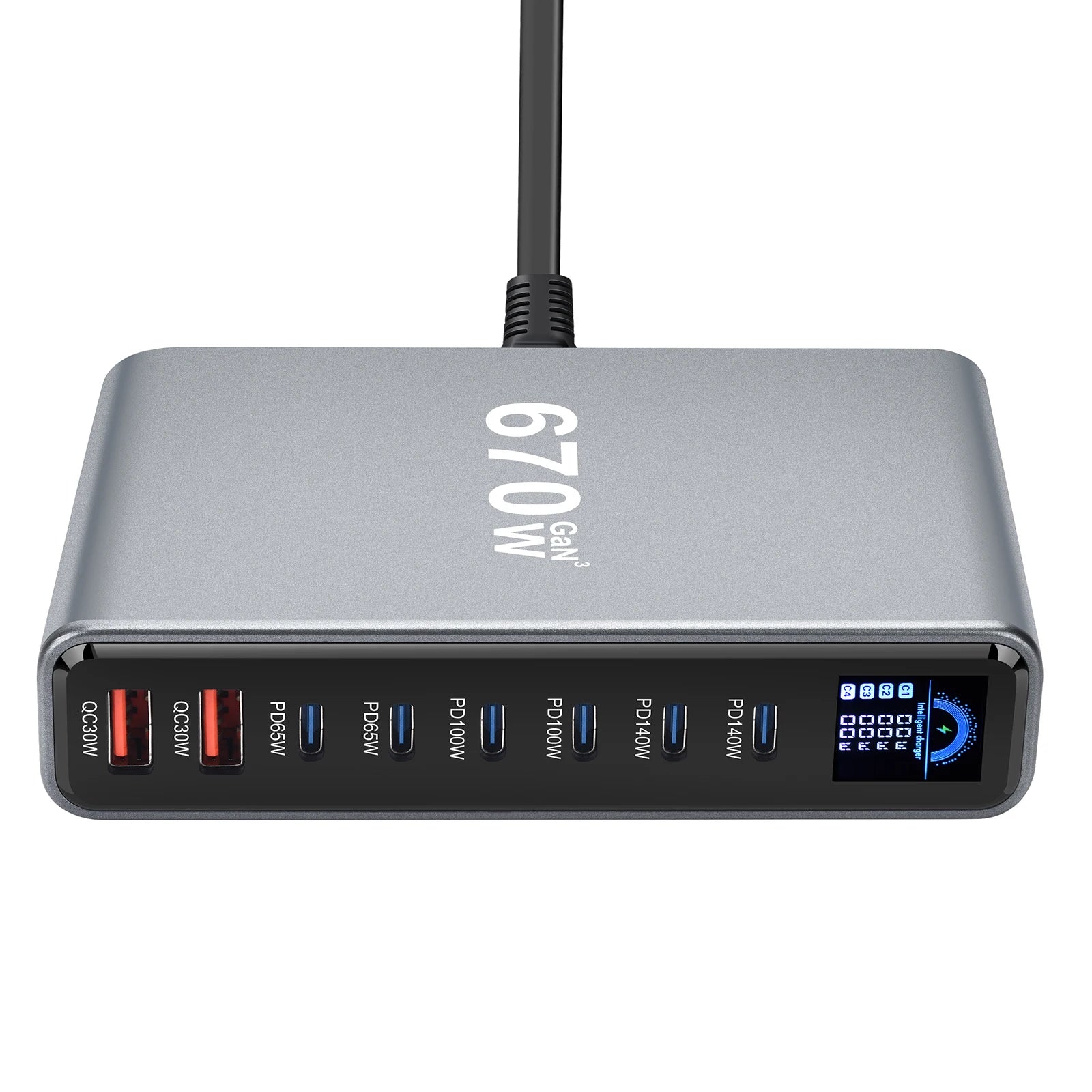 670W GaN Fast Charging Desktop Charger with Display 140W USB-C Port 8-Port Multi-Device Charging Station for Phones And Tablets