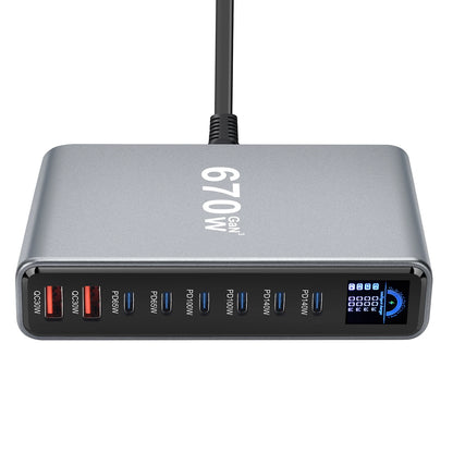 670W GaN Fast Charging Desktop Charger with Display 140W USB-C Port 8-Port Multi-Device Charging Station for Phones And Tablets