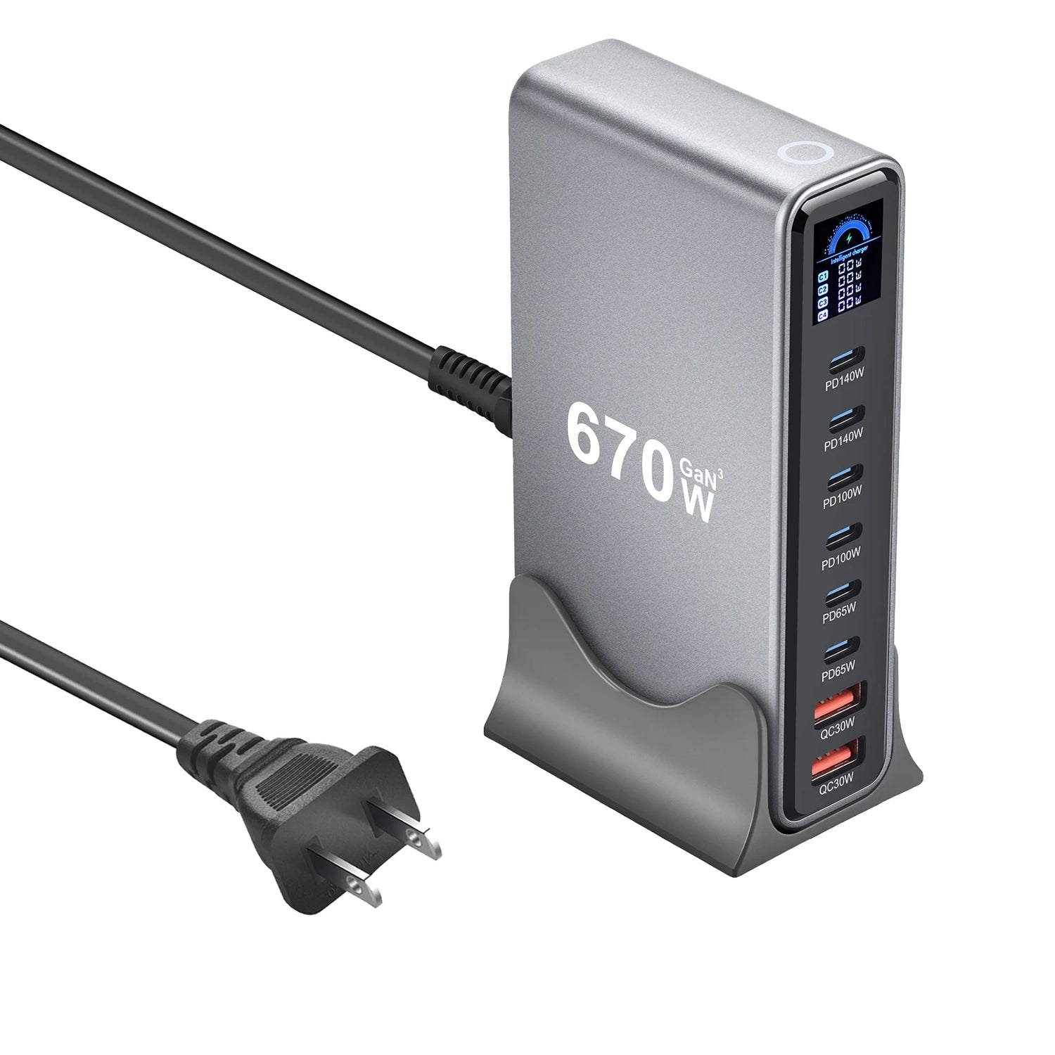 670W GaN Fast Charging Desktop Charger with Display 140W USB-C Port 8-Port Multi-Device Charging Station for Phones And Tablets