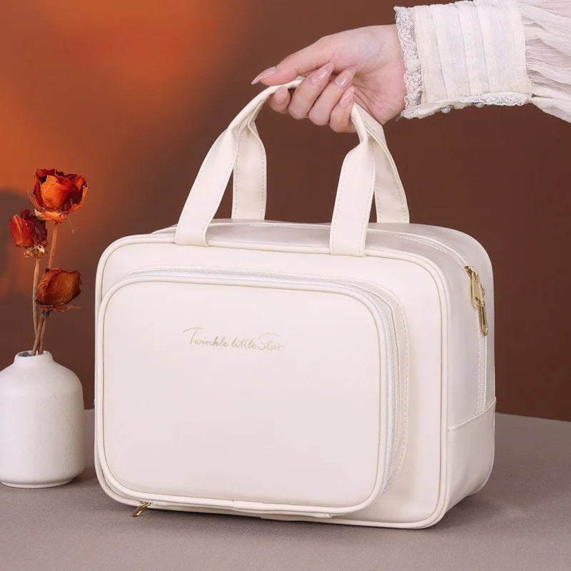Large Capacity Makeup Bag for Women – Portable Cosmetic Organizer with Brush Holder &amp; Carry Handle, Travel-Friendly Makeup Case