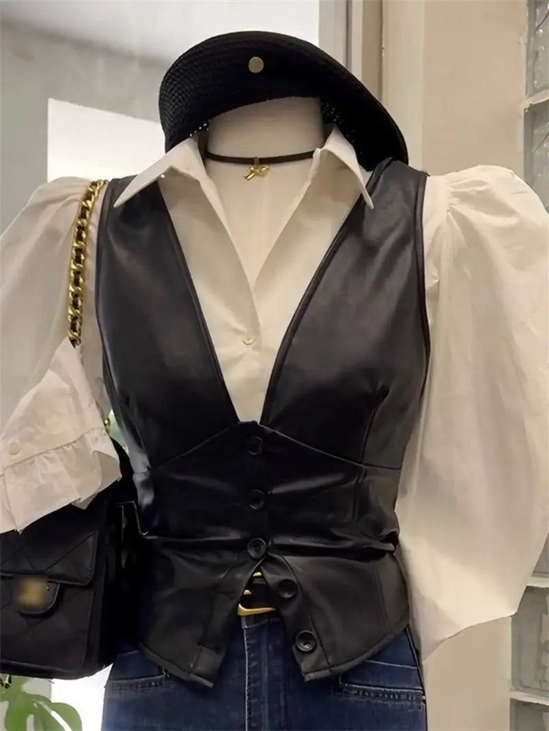 Fashion White Shirt Leather Jacket Vest Jacket Two-piece Set Women&