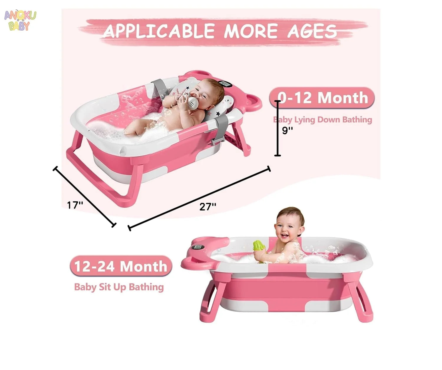 Foldable Baby Bathtub Travel Portable Toddler Bathtub Newborn to Toddler Bath Center Shower Bathtub with Temperature Sensing